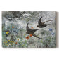Canvas art print portraying a flock of birds in flight soaring across open sky above landscape, set against a white background