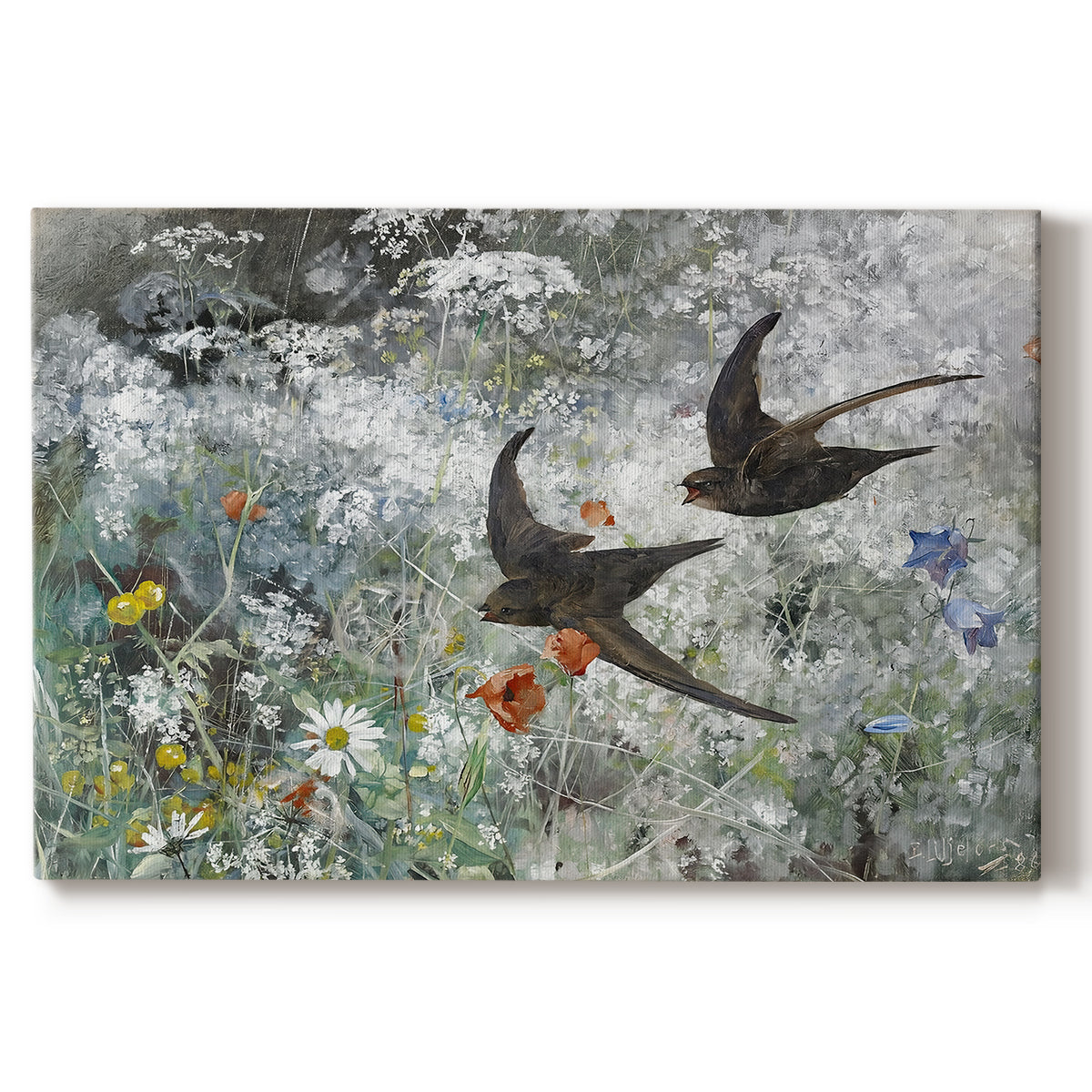 Canvas art print portraying a flock of birds in flight soaring across open sky above landscape, set against a white background