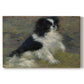 Canvas art print portraying a small black and white dog standing in shallow water with soft brushstrokes, set against a white background