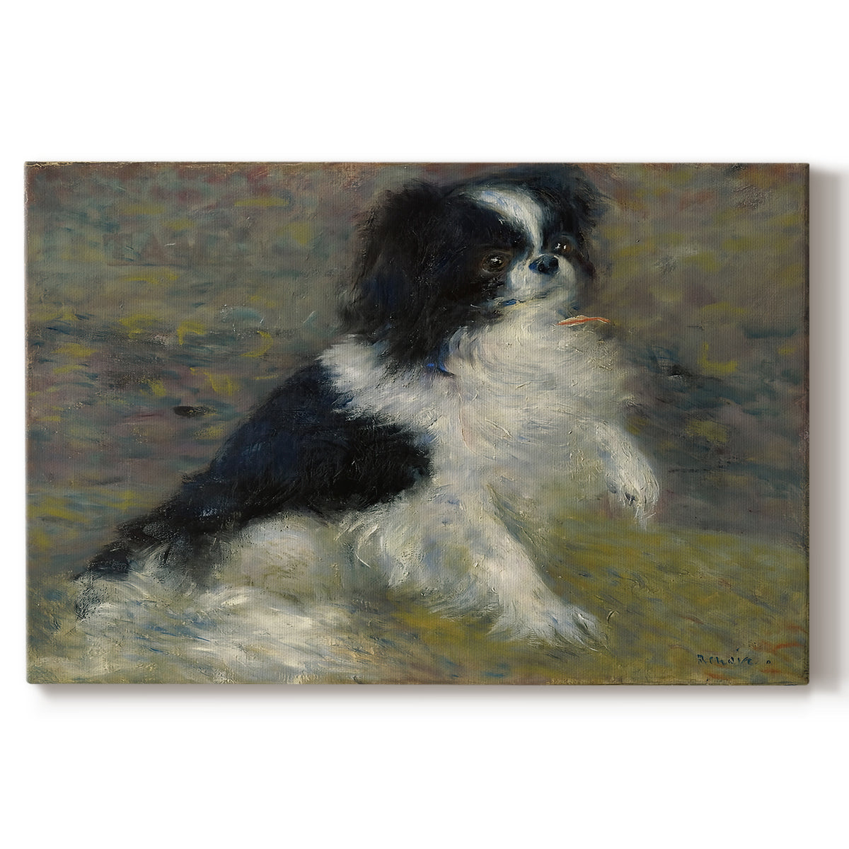 Canvas art print portraying a small black and white dog standing in shallow water with soft brushstrokes, set against a white background