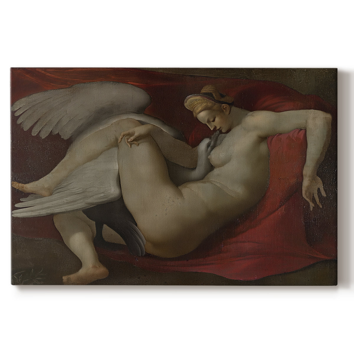 Canvas art print portraying a reclining female figure interacting with swan in mythological setting, set against a white background