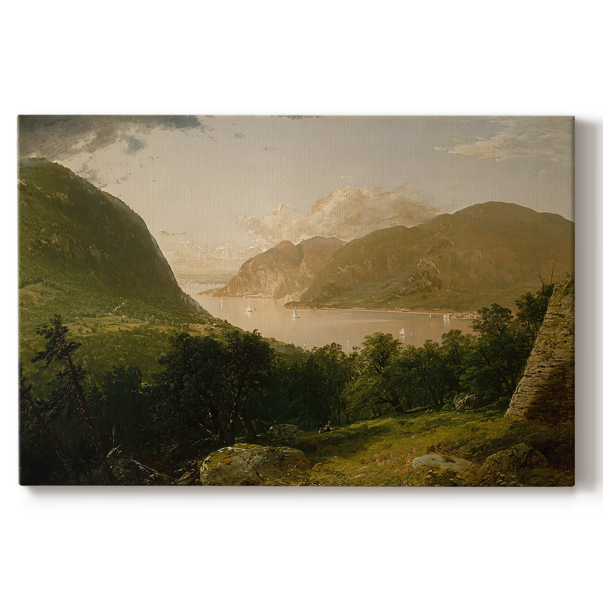 Canvas art print portraying a calm river landscape with trees and distant hills under soft light, set against a white background