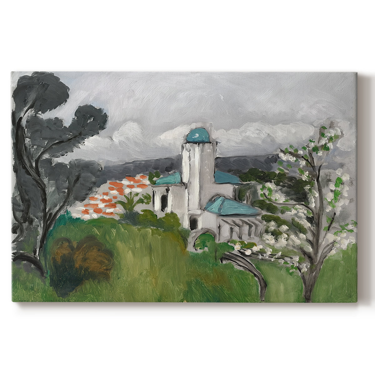Canvas art print portraying a blue villa surrounded by trees and greenery in a bright landscape, set against a white background