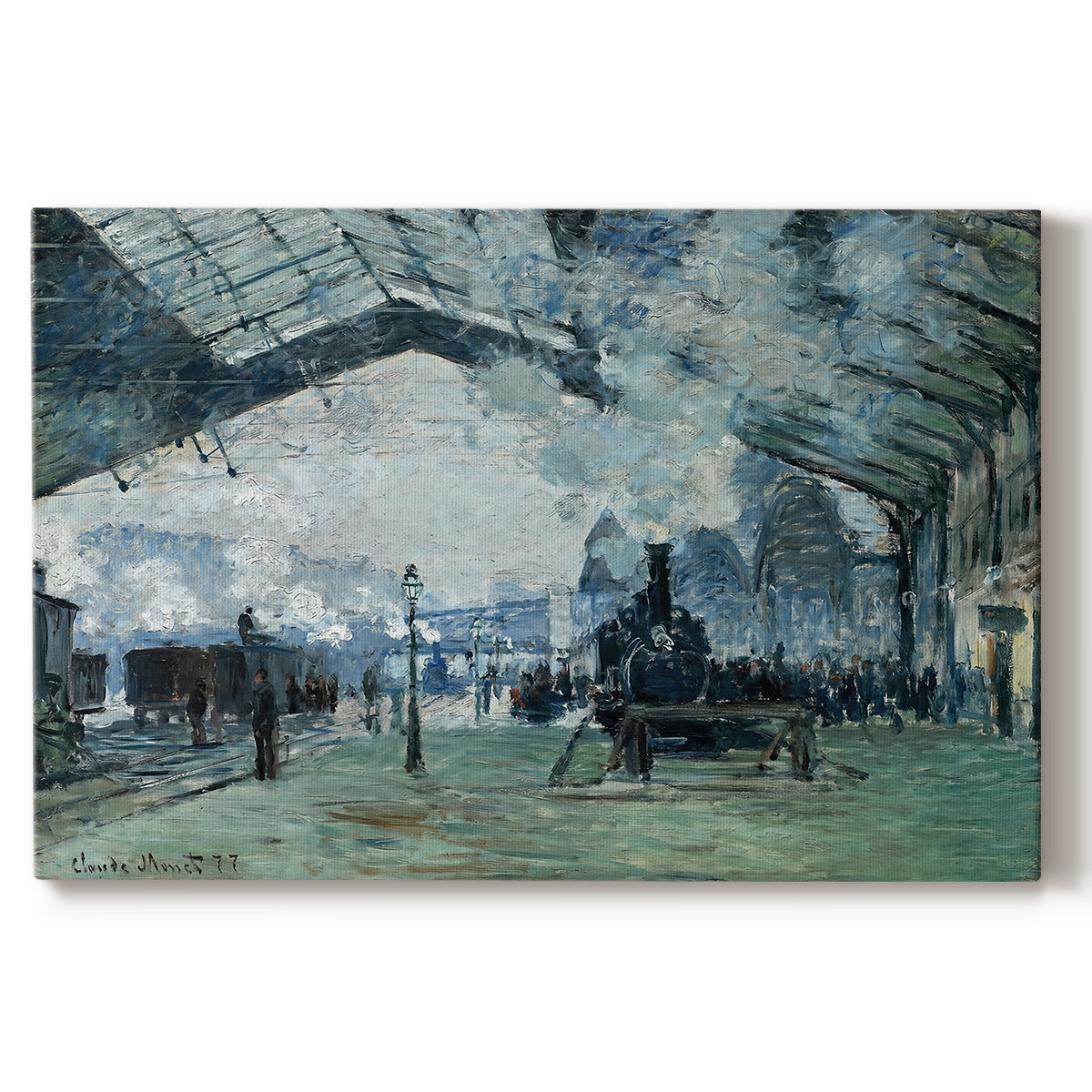 Canvas art print portraying trains arriving under large arched station roof with billowing steam, set against a white background