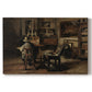 Canvas art print portraying an artist’s studio interior filled with furniture, tools, and paintings under soft light, set against a white background