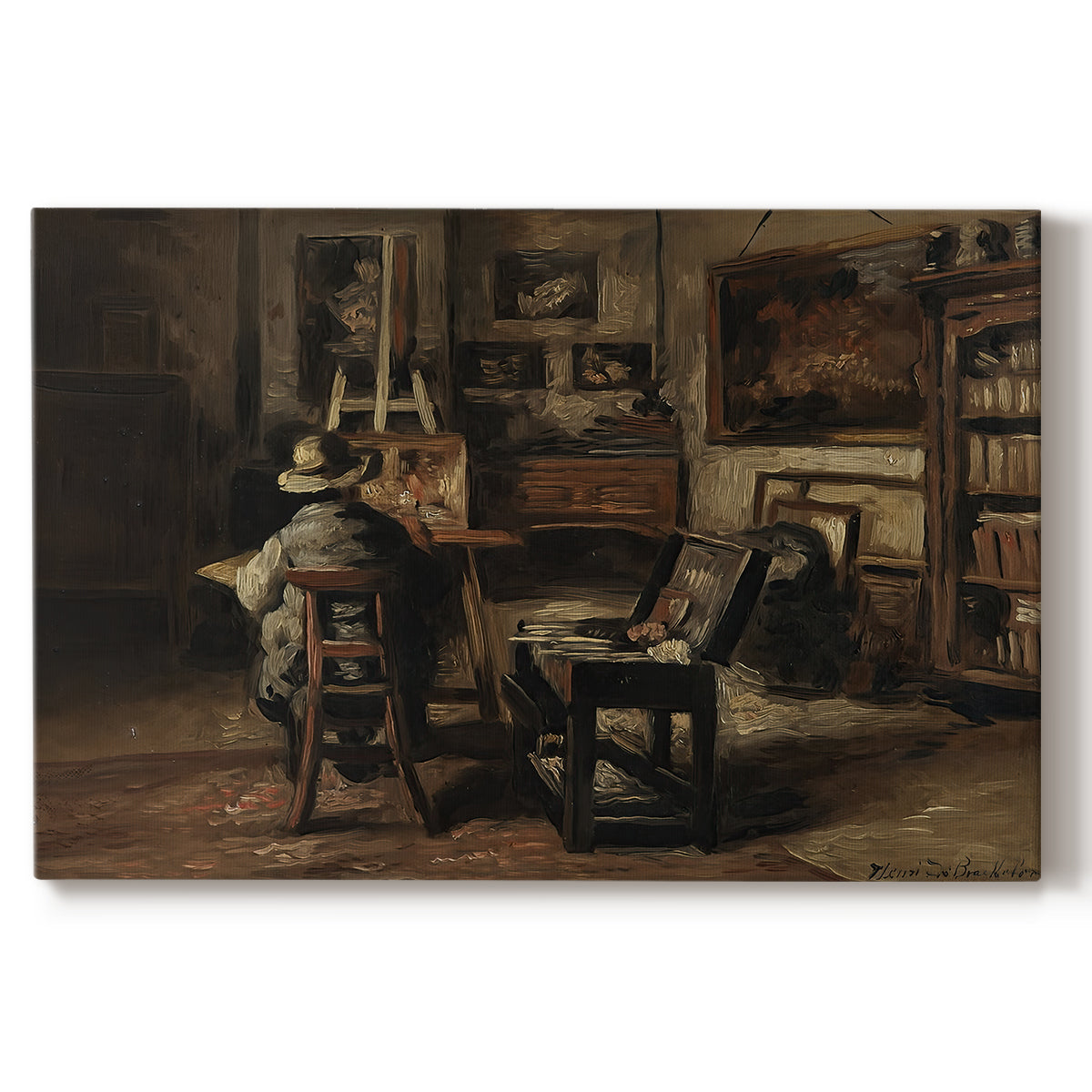 Canvas art print portraying an artist’s studio interior filled with furniture, tools, and paintings under soft light, set against a white background