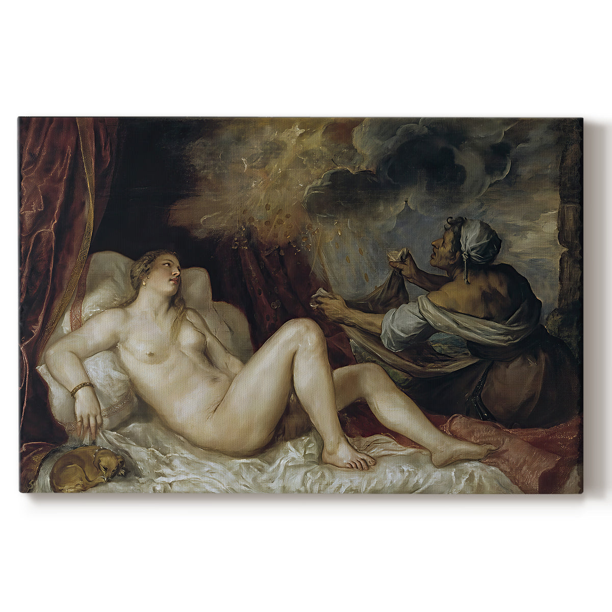 Canvas art print portraying a reclining nude woman on bed in mythological interior scene, set against a white background