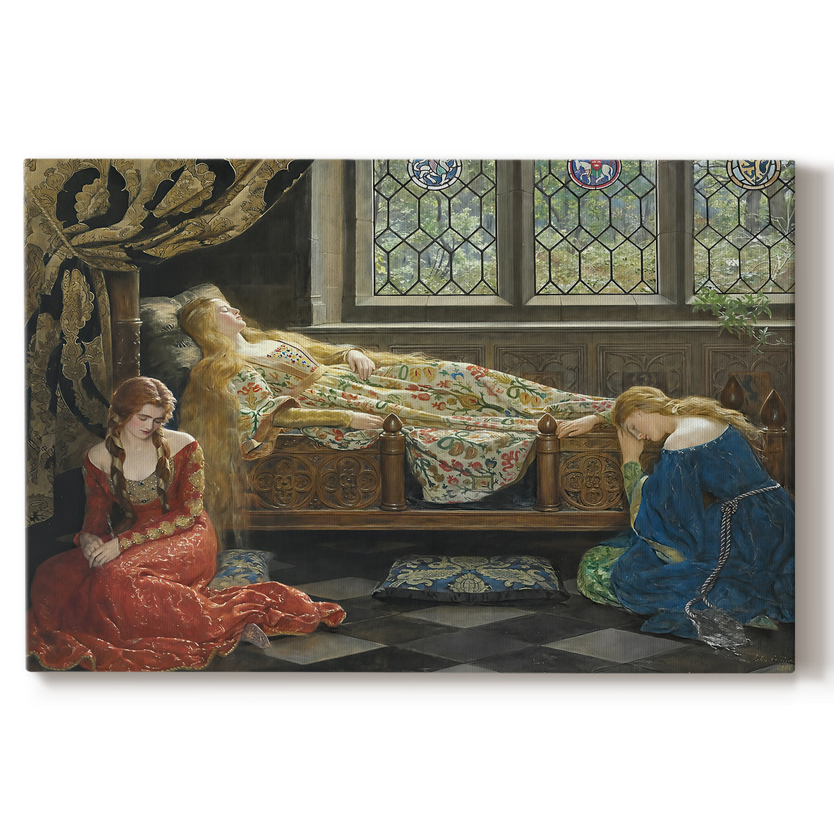 Canvas art print portraying a reclining female figure indoors in decorative setting, set against a white background