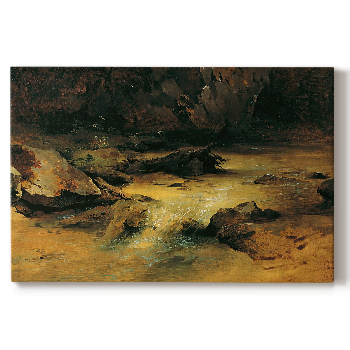 Canvas art print portraying a mountain stream flowing through rocky terrain, set against a white background