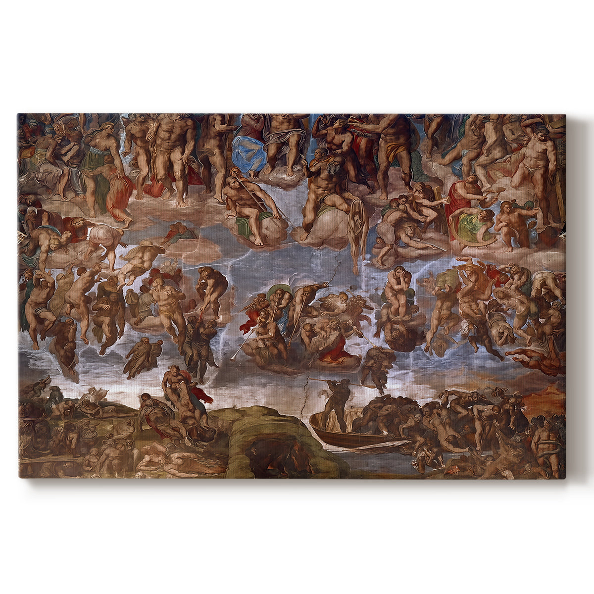 Canvas art print portraying a dense composition of human figures in dramatic judgment scene, set against a white background