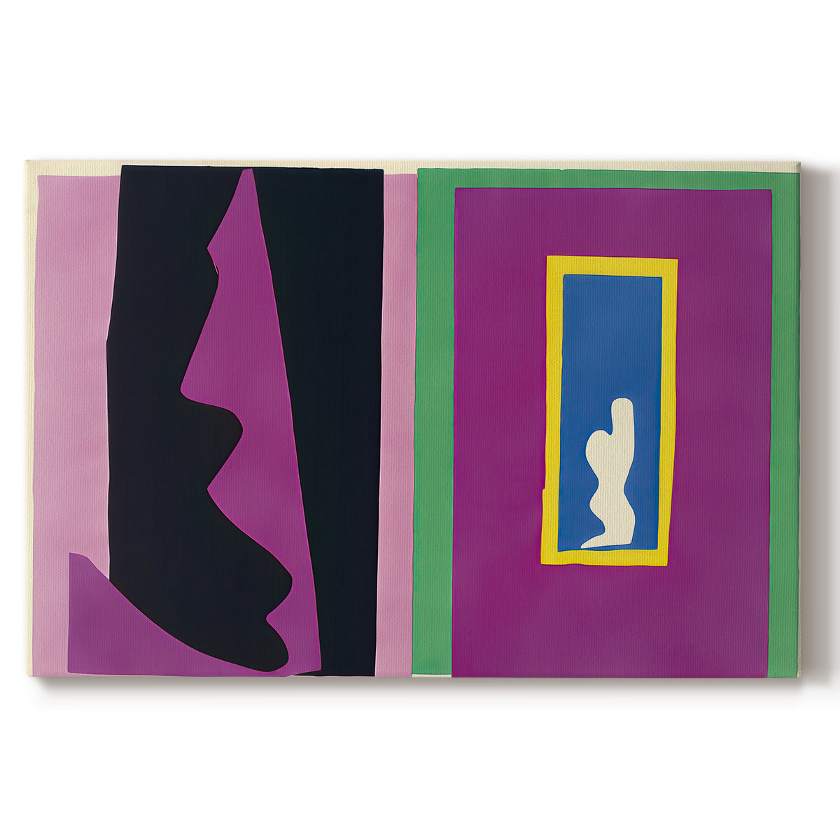 Canvas art print portraying an abstract collage with cut-out shapes forming symbolic composition, set against a white background