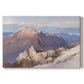 Canvas art print portraying a distant mountain peak viewed from elevated ridge with sweeping landscape, set against a white background