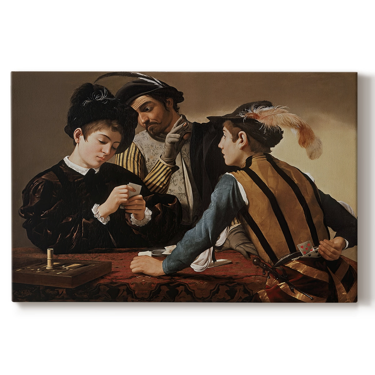 Canvas art print portraying two men cheating at cards while a third figure secretly observes behind them, set against a white background