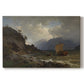 Canvas art print portraying a rugged Norwegian coastline with cliffs, water, and distant boats, set against a white background
