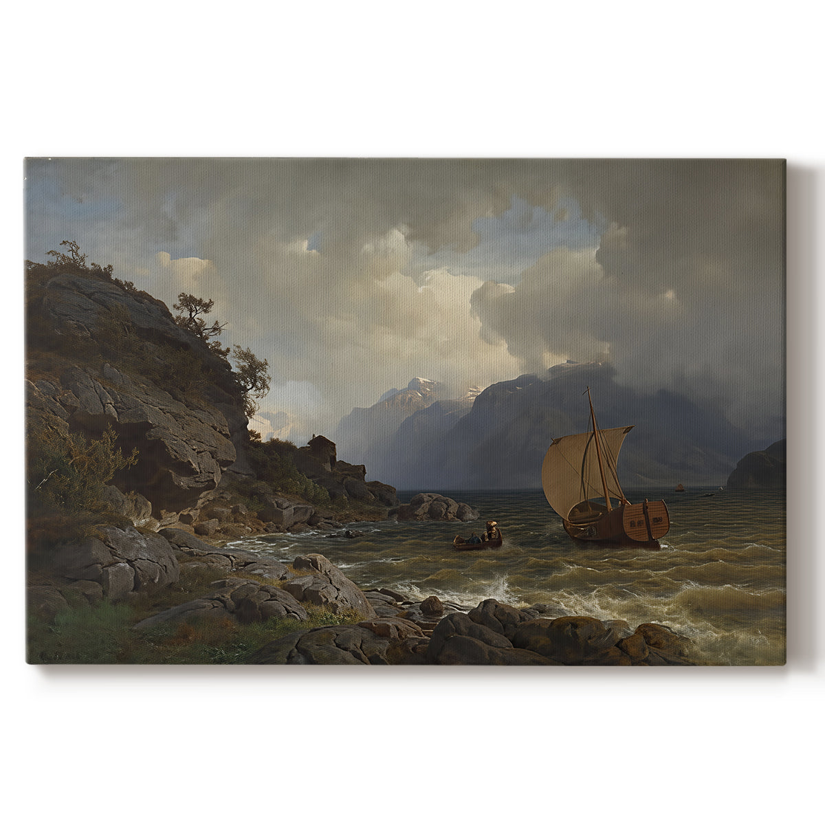 Canvas art print portraying a rugged Norwegian coastline with cliffs, water, and distant boats, set against a white background