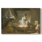 Canvas art print portraying a domestic interior with figures gathered around child in cradle, set against a white background