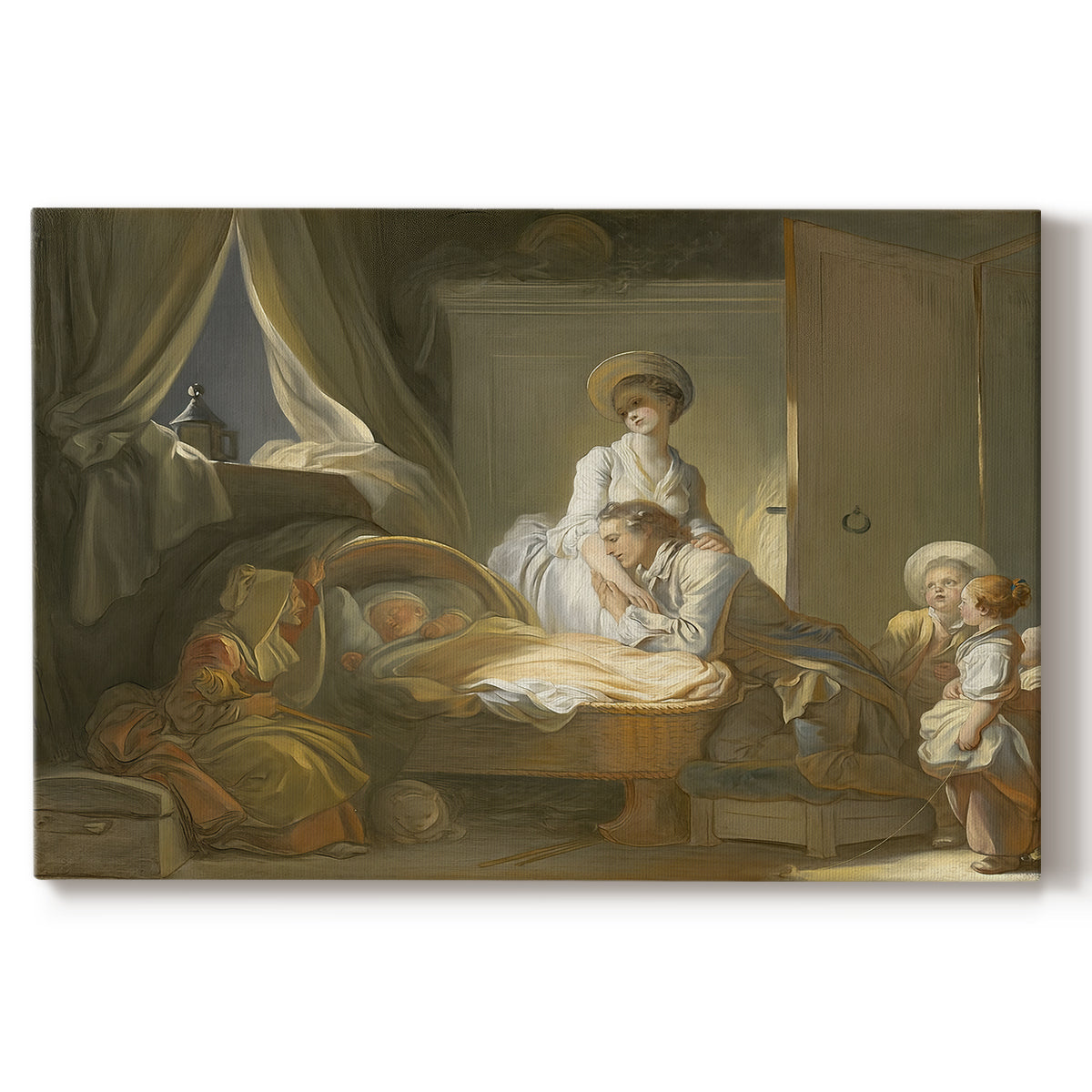 Canvas art print portraying a domestic interior with figures gathered around child in cradle, set against a white background