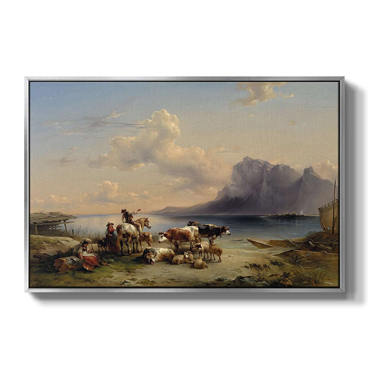 Shepherds and Cattle on Lake Attersee, 1852 - Floater Framed Canvas Print