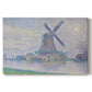 Canvas art print portraying a windmill beside water in quiet town landscape, set against a white background