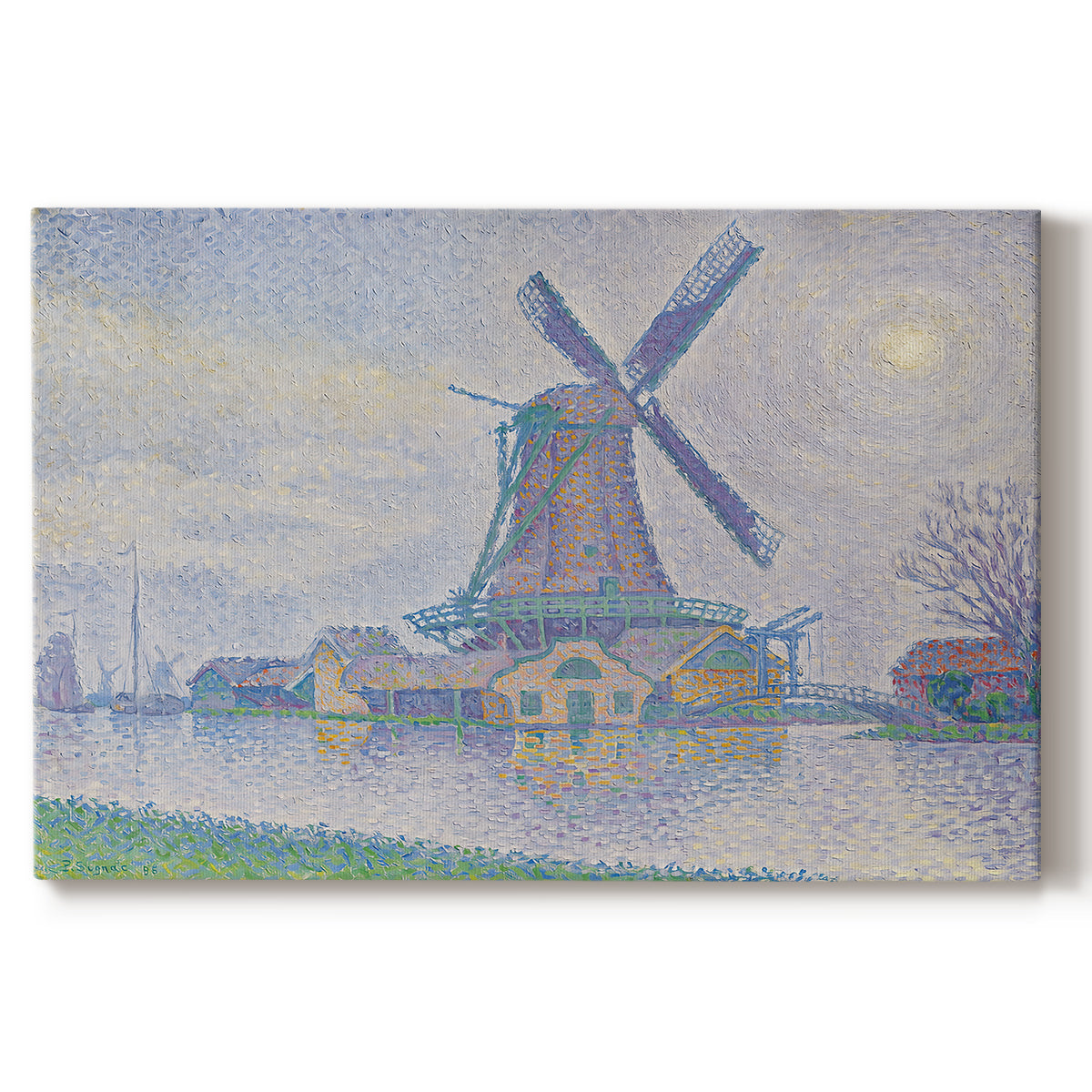 Canvas art print portraying a windmill beside water in quiet town landscape, set against a white background
