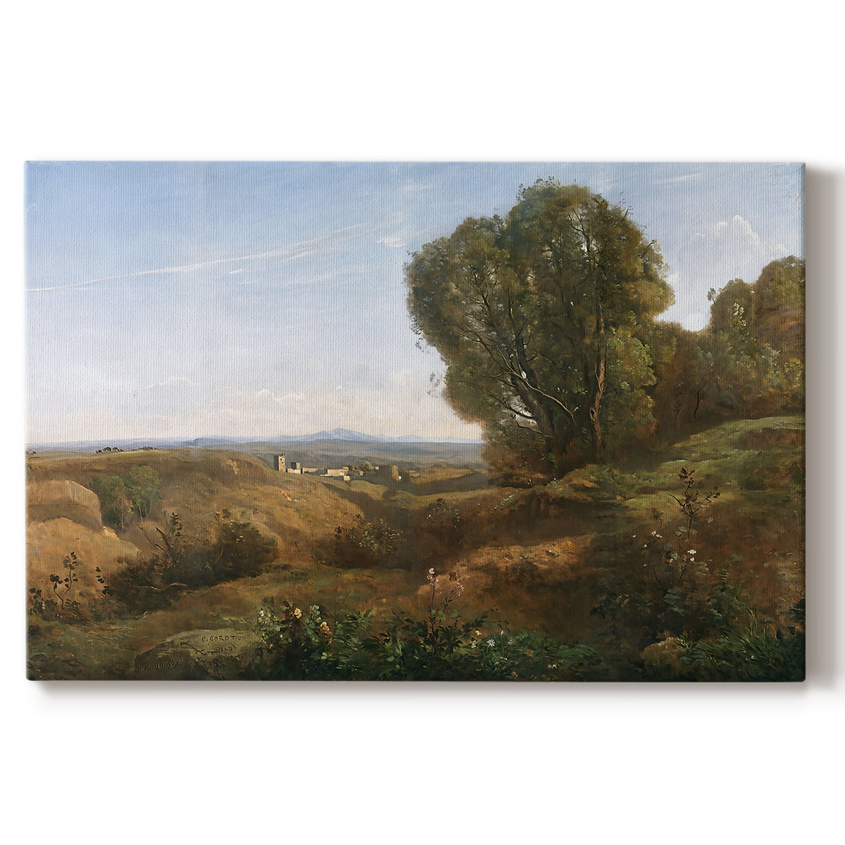 Canvas art print portraying a peaceful landscape with trees and distant horizon under soft light, set against a white background