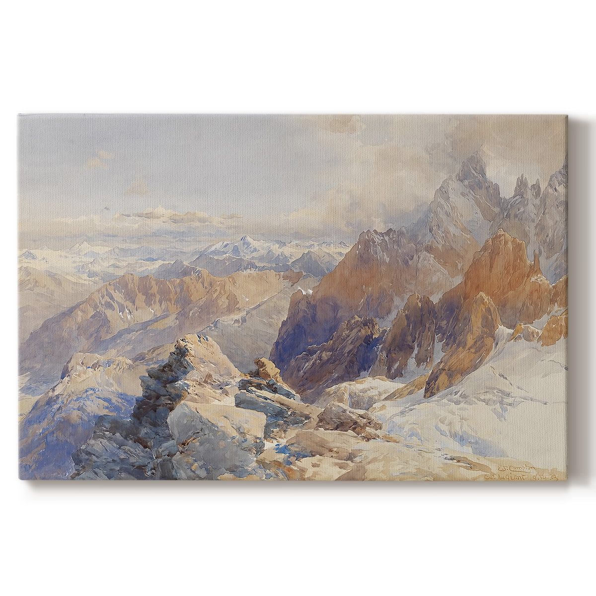 Canvas art print portraying a mountain pass with snow-covered peaks and expansive alpine valley, set against a white background