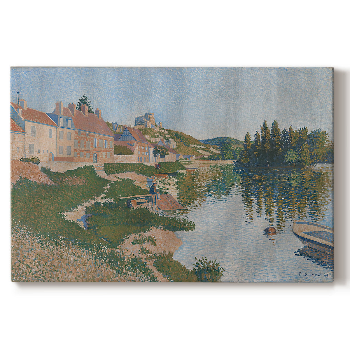 Canvas art print portraying a hillside town overlooking river with buildings and terrain, set against a white background