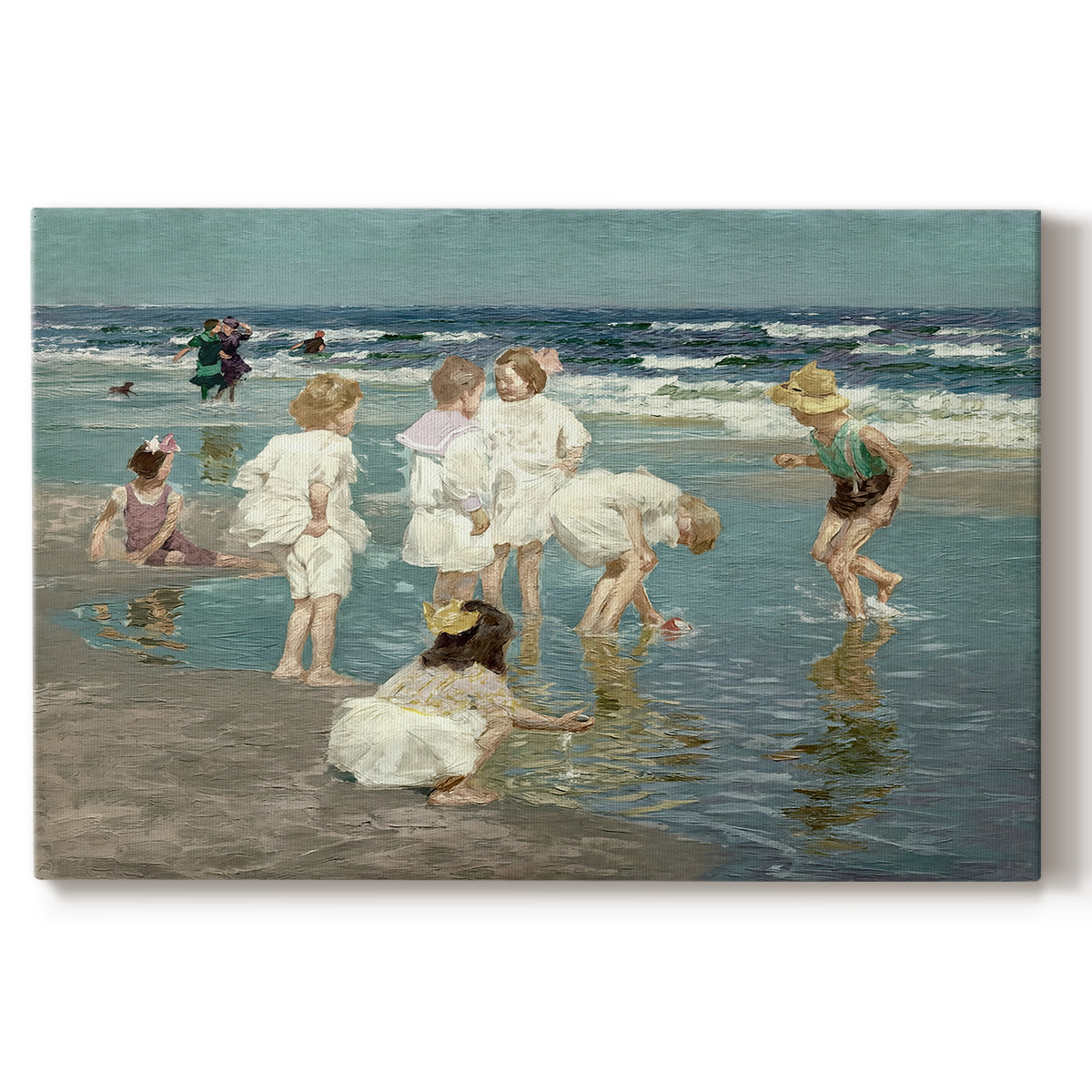 Canvas art print portraying people relaxing and wading in shallow ocean water along a sunny beach, set against a white background