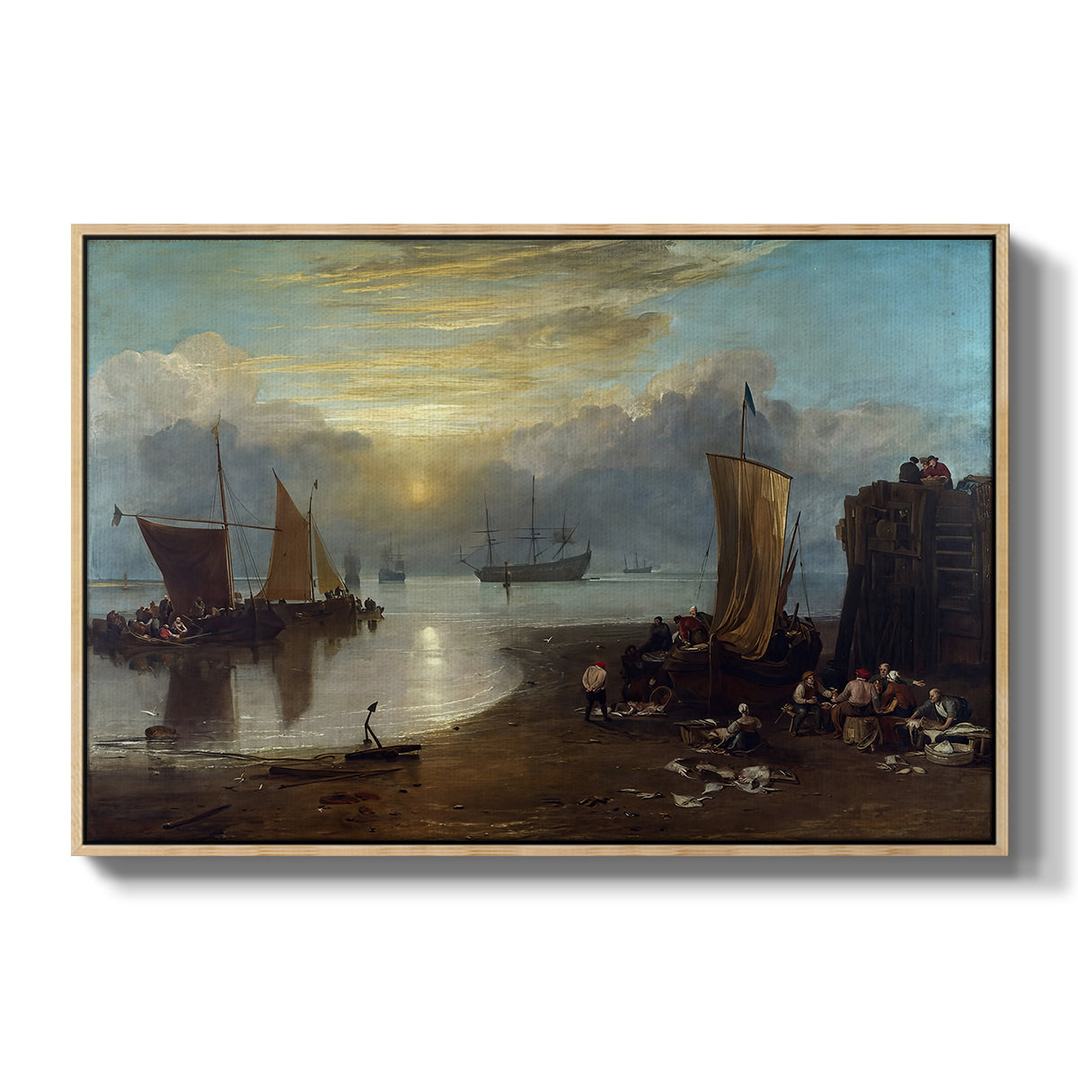 Sun Rising through Vapour: Fishermen Cleaning and Selling Fish, c. 1807 - Floater Framed Canvas Print