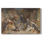 Canvas art print portraying a group of figures gathered indoors sharing food in rustic setting, set against a white background