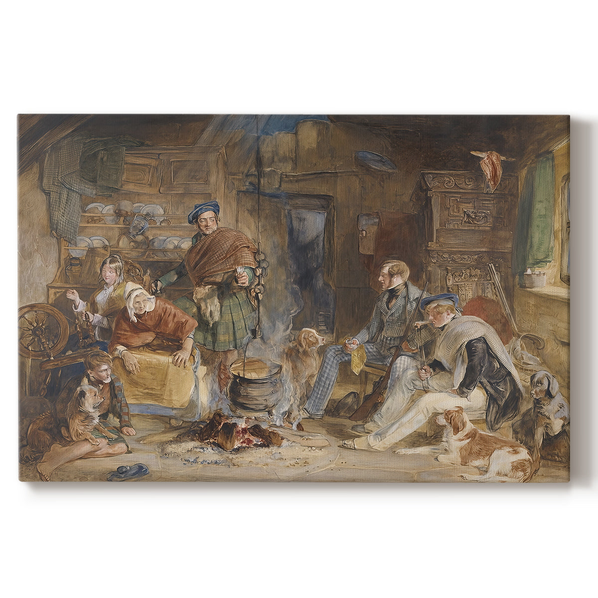 Canvas art print portraying a group of figures gathered indoors sharing food in rustic setting, set against a white background