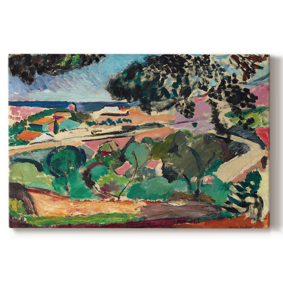 Canvas art print portraying a vivid landscape with hills, trees, and buildings near the coast, set against a white background