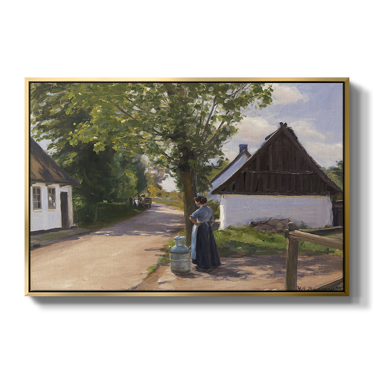 Danish Village Street with Woman and Milkman, 1880 - Floater Framed Canvas Print
