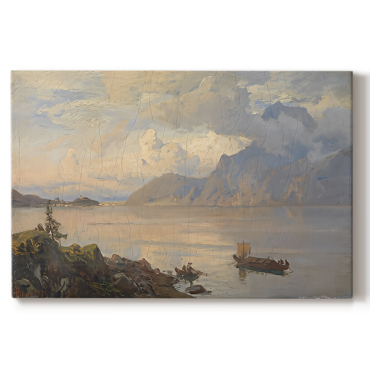 Canvas art print portraying a lake surrounded by mountains with boats on calm water, set against a white background