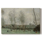 Canvas art print portraying women washing clothes beside water under willow trees, set against a white background