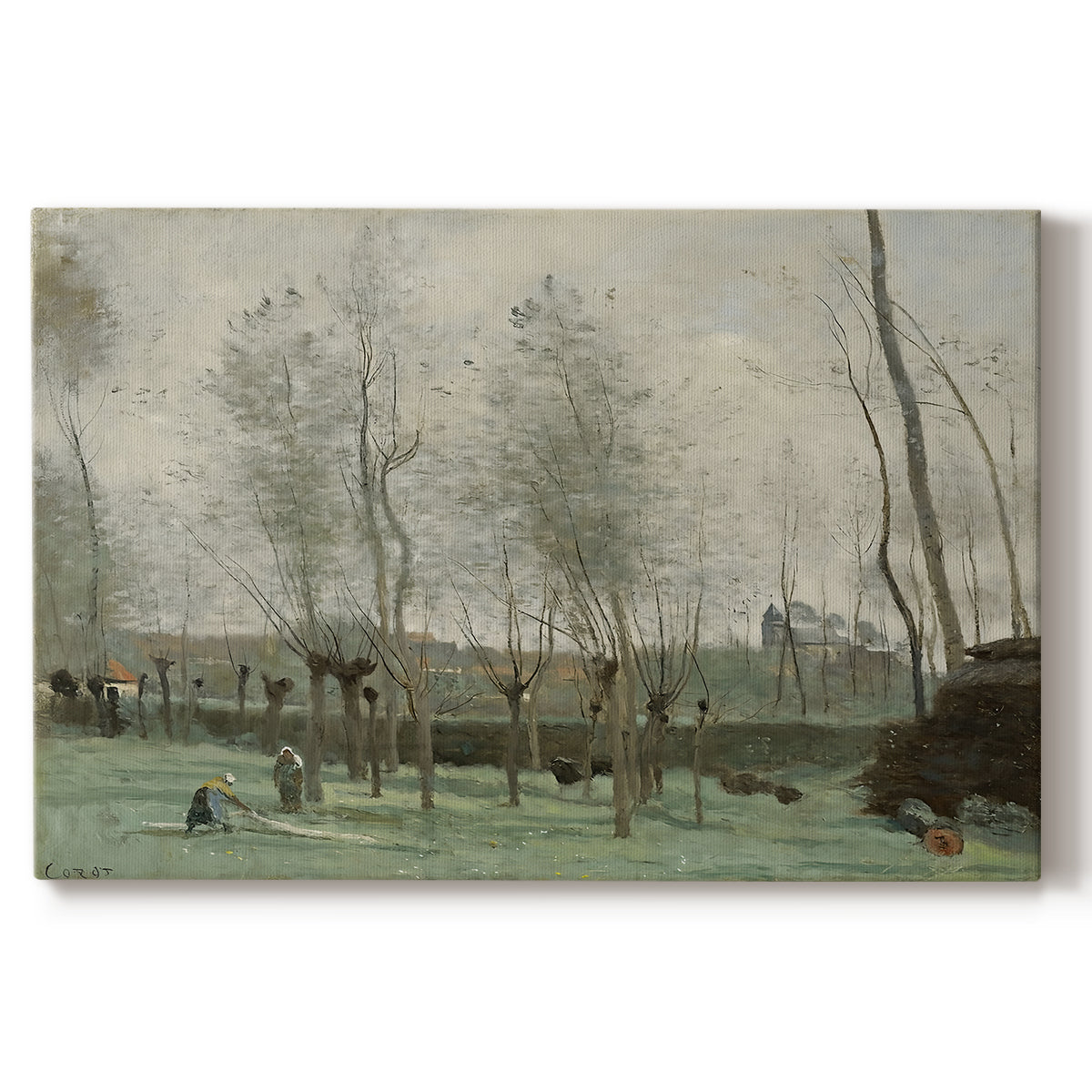 Canvas art print portraying women washing clothes beside water under willow trees, set against a white background