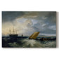 Canvas art print portraying a coastal scene with ships and distant shoreline, set against a white background