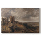Canvas art print portraying a ruined castle overlooking river and landscape, set against a white background