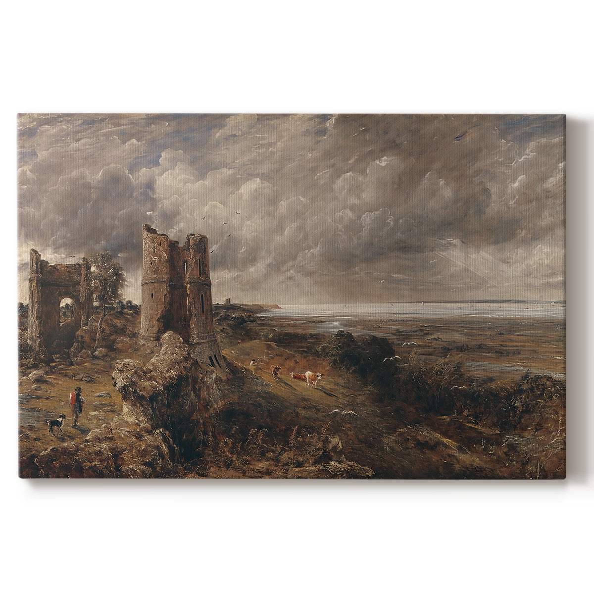 Canvas art print portraying a ruined castle overlooking river and landscape, set against a white background