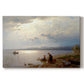 Canvas art print portraying figures gathered along shoreline with wide lake and distant horizon, set against a white background