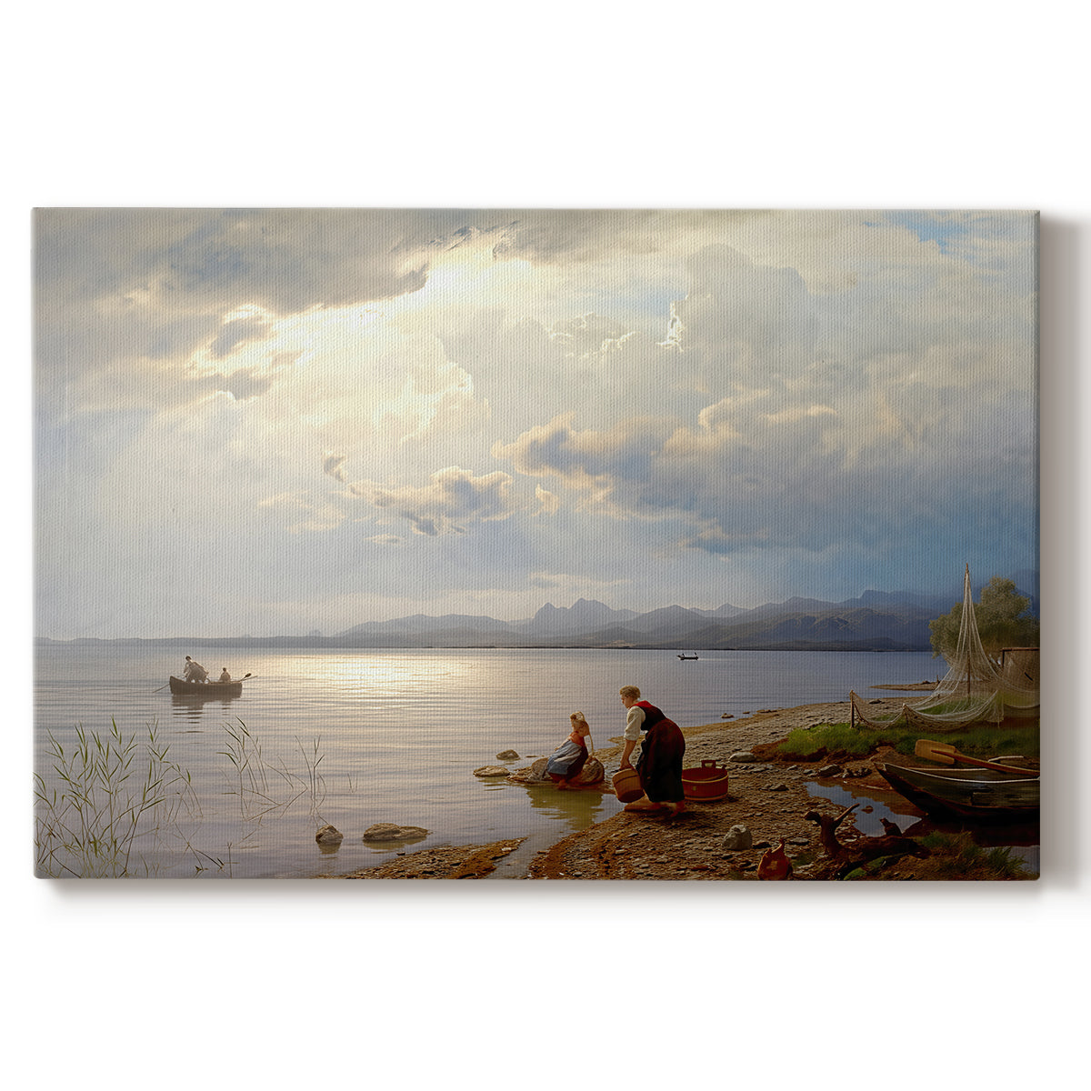 Canvas art print portraying figures gathered along shoreline with wide lake and distant horizon, set against a white background