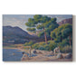 Canvas art print portraying figures bathing along shoreline in bright coastal landscape, set against a white background