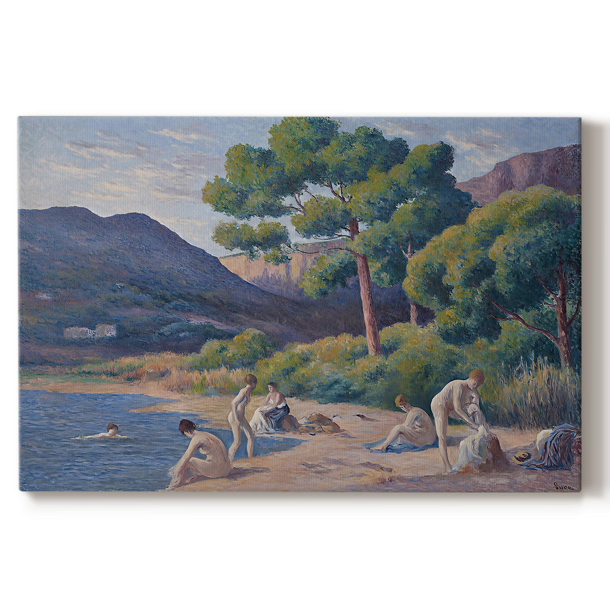 Canvas art print portraying figures bathing along shoreline in bright coastal landscape, set against a white background