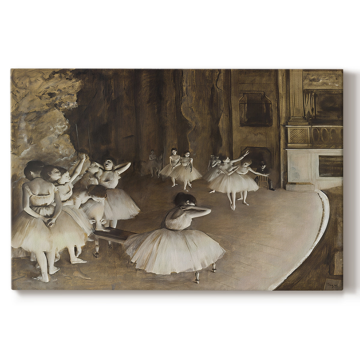 Canvas art print portraying ballerinas rehearsing on stage with set backdrop and lighting, set against a white background