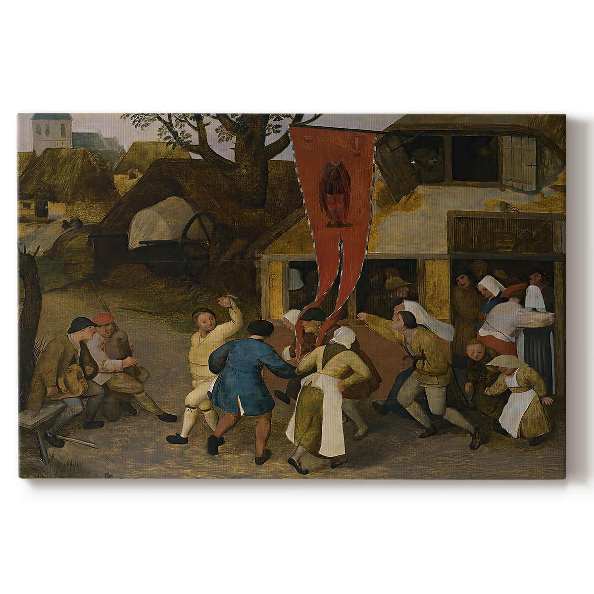 Canvas art print portraying villagers gathered outdoors celebrating in festive scene, set against a white background
