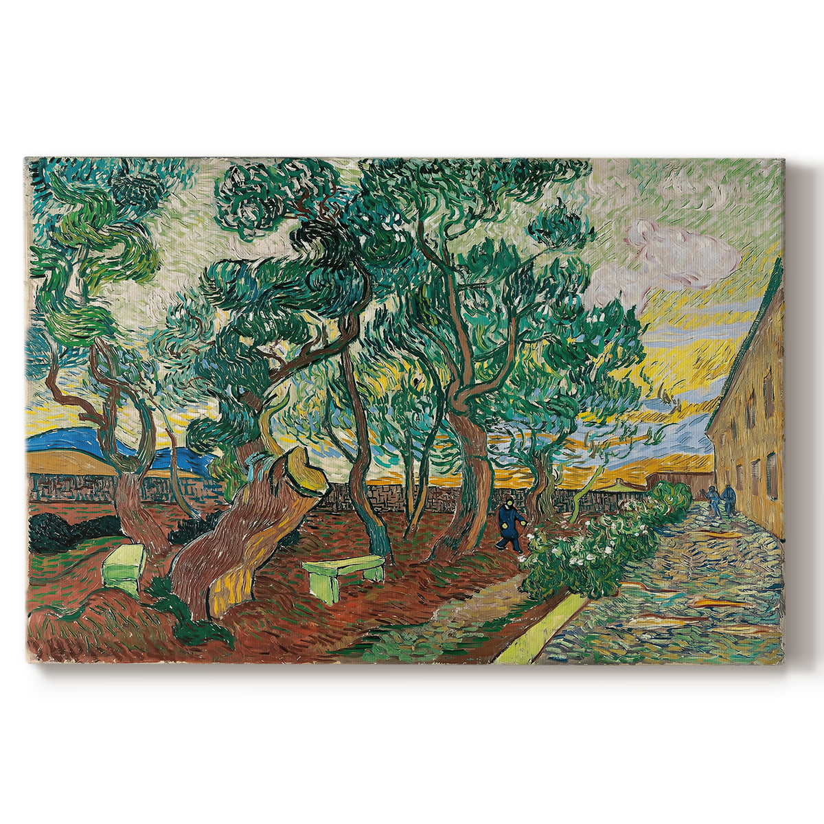 Canvas art print portraying an enclosed garden with trees and pathways rendered in vibrant brushwork, set against a white background