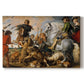 Canvas art print portraying a chaotic hunting scene with riders, dogs, and animals, set against a white background