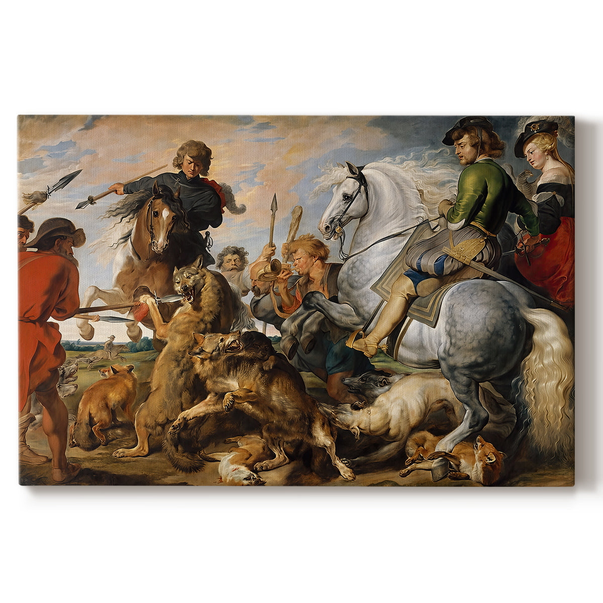 Canvas art print portraying a chaotic hunting scene with riders, dogs, and animals, set against a white background