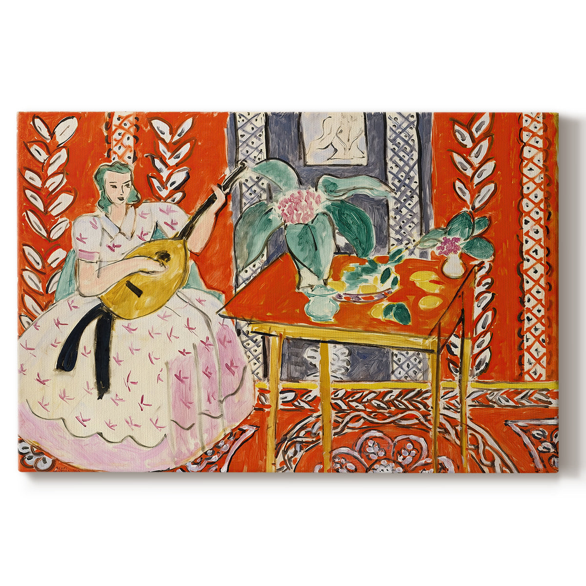 Canvas art print portraying a seated figure with a lute in a decorative interior, set against a white background