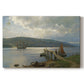 Canvas art print portraying a wooden jetty extending into calm water with boats nearby, set against a white background